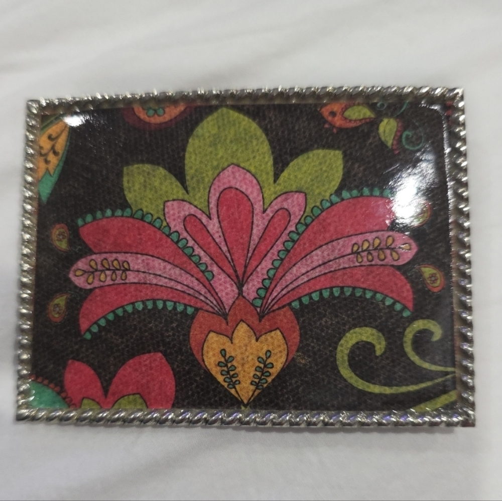 Womens Metal Floral Rectangle Belt Buckle Brown Pink Retro Boho Western Indie - Picture 5 of 5